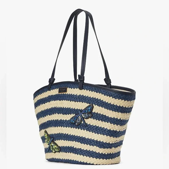 NWT! $378 kate spade Shore Thing Dragonfly Embellished Striped Straw Large Tote - Picture 15 of 17